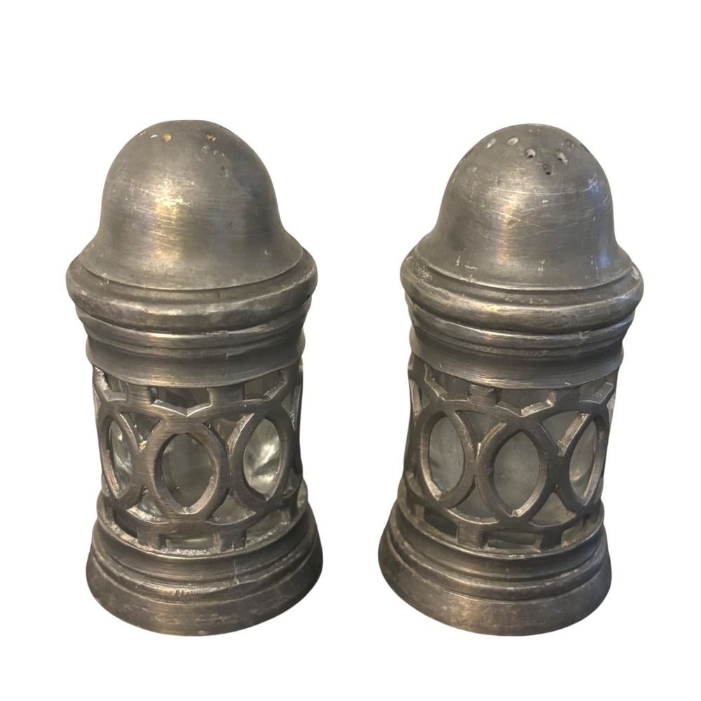Vintage Italian Pewter and Glass Salt and Pepper Shakers Set Made in Italy 3.5"